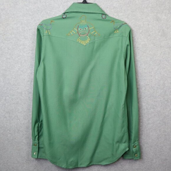 1970s Vintage Western Shirt‎ Pearl Snap Rodeo Green Embroidered Cowboy Handmade - Picture 7 of 14
